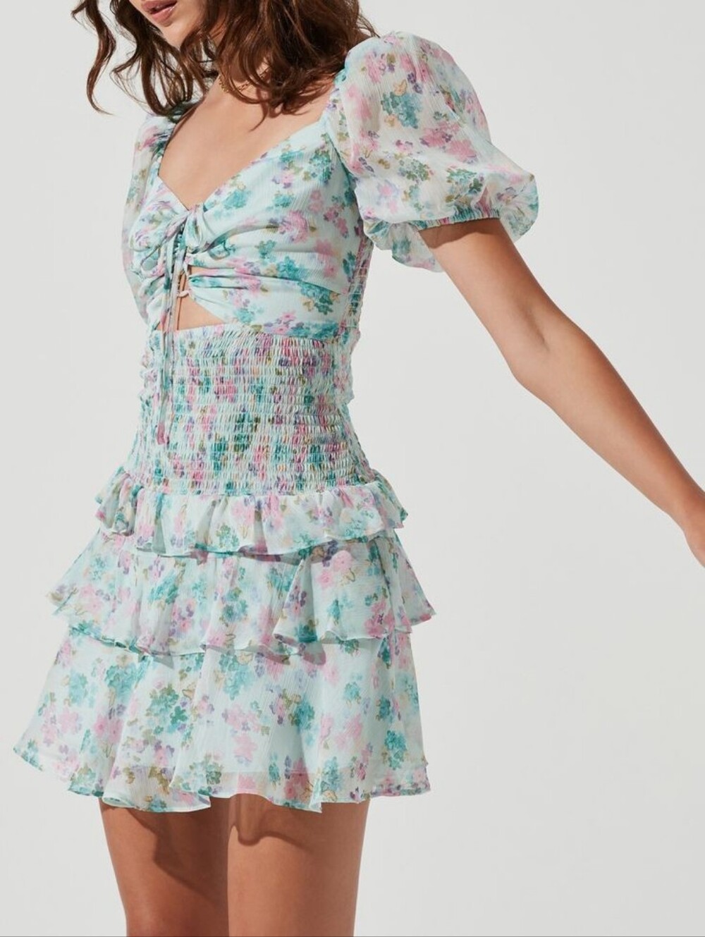ASTR the Label Mint Multi Floral Chiffon Smocked Ruffle Mini Dress L - Picture 1 of 7